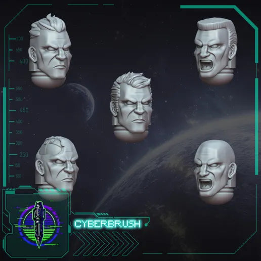 Basic Head Set 1 – 3D printed resin helmets and faces for 32mm true-scale miniatures