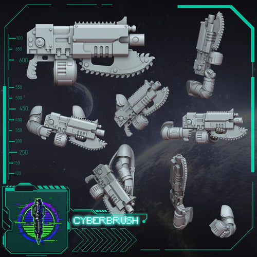 Blaster, Chainsaw – 3D printed resin rifles with chainsaw bayonet for 32mm miniatures
