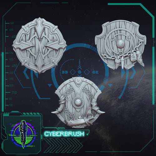 Space Vikings Shields (left hand) – 3D printed resin Nordic shields for 32mm miniatures