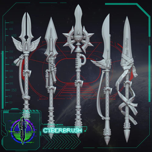 Crimson Angels Spears (left hands) – 3D printed resin spears for 32mm miniatures