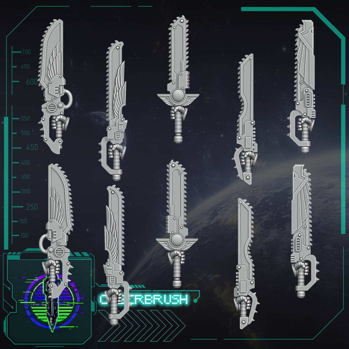 Chainswords – 3D printed resin chainswords for 32mm miniatures