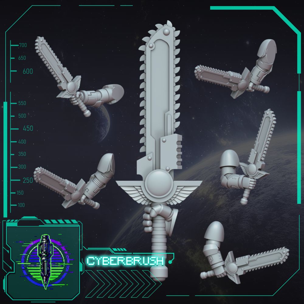 Neutral Chainsword Set 3 – 3D printed resin chainswords for 32mm miniatures