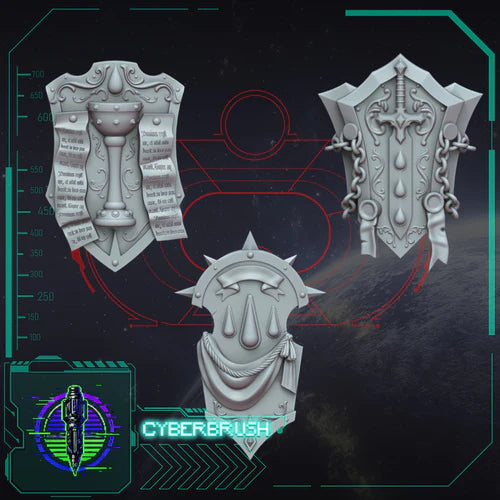Crimson Angels Shields (left hands) – 3D printed resin shields for 32mm miniatures