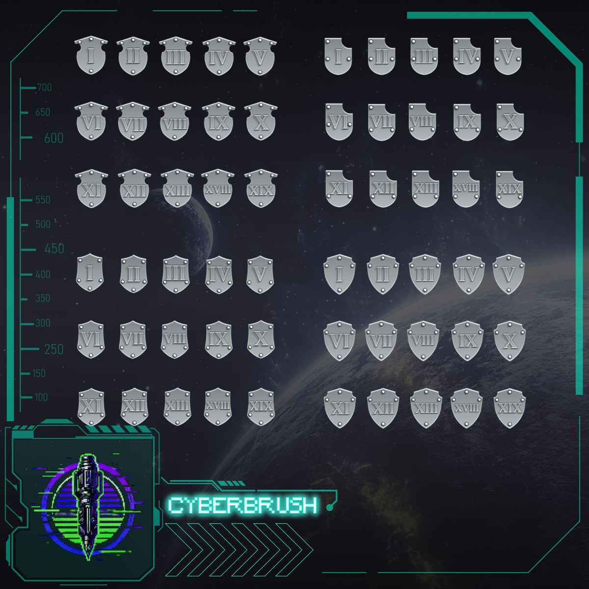 Shoulder Shields with Roman Numerals – 3D printed resin shoulder plates for 32mm miniatures