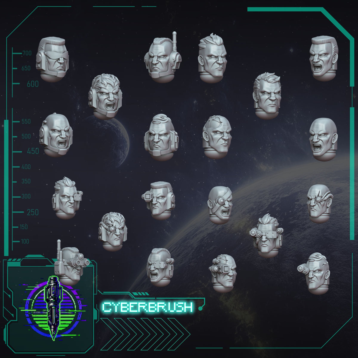 Marine Head Bundle – 3D printed resin helmets and faces for 32mm true-scale miniatures
