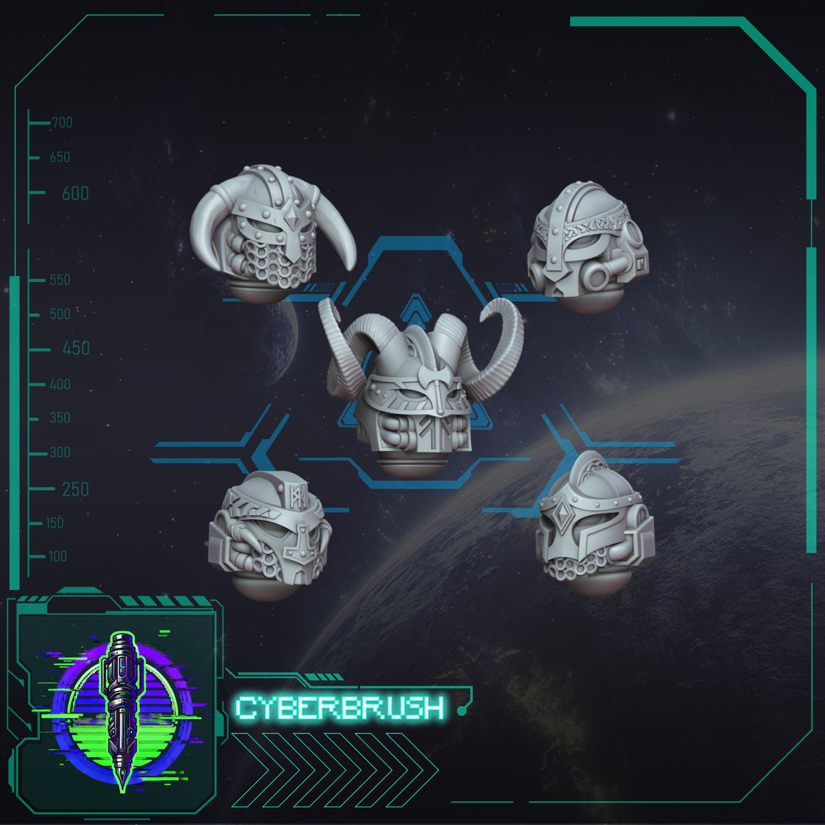 Space Vikings Heads Bundle – 3D printed resin Nordic heads, view 3
